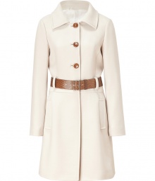 Elegant coat in fine wool with a classic, slim fit - Features a generous collar, half placket of contrasting buttons, side slit pockets and long sleeves - Flattering silhouette gets a feminine touch with a decorative belt - A modern classic that looks great with most any outfit Elegant coat in fine wool with a classic, slim fit - Features a generous collar, half placket of contrasting buttons, side slit pockets and long sleeves - Flattering silhouette gets a feminine touch with a decorative belt - A modern classic that looks great with most any outfit
