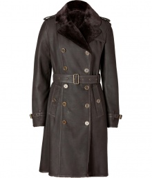 Luxury and warmth come together in this exquisitely chic lamb shearling coat from Burberry Brit - Peaked lapel, long sleeves, belted cuffs, buttoned epaulettes, buttoned pockets, double-breasted button-down front, gun flap, belted waistline, antique brass-toned hardware, rain shield, back vent - Tailored fit - Wear with everything from jeans to tailored dresses Luxury and warmth come together in this exquisitely chic lamb shearling coat from Burberry Brit - Peaked lapel, long sleeves, belted cuffs, buttoned epaulettes, buttoned pockets, double-breasted button-down front, gun flap, belted waistline, antique brass-toned hardware, rain shield, back vent - Tailored fit - Wear with everything from jeans to tailored dresses