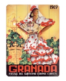 Full of bold Spanish flavor, this wooden sign features a beautiful woman in traditional dress, offering colorful insight on the 1949 Corpus Christi festival in Granada. A distressed finish adds decidedly vintage charm.