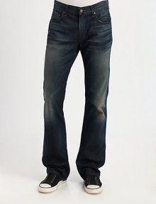 A fresh and modern update to the original Bootcut silhouette, 3D and hand sanded whiskers coupled with minimal griding on the pockets and hems give this wash a cool, masculine feel.Five-pocket styleInseam, about 34CottonMachine washMade in USA