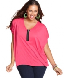 Sport an on-trend look with Belle Du Jour's short sleeve plus size top, accented by an exposed zipper. (Clearance)