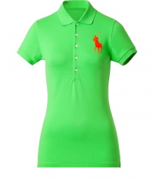 Detailed in breathable cotton stretch mesh, Ralph Laurens big pony polo is a cool modern take on this iconic style - Small collar, button placket, short sleeves, oversized shiny orange embroidered polo player at chest, slit sides, high-low hemline - Slim fit - Wear with your favorite jeans and just as bright loafers