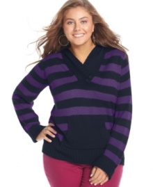 Stay warm and stylish this season with Extra Touch's plus size hooded sweater, featuring on-trend stripes! Stay warm and stylish this season with Extra Touch's plus size hooded sweater, featuring on-trend stripes!