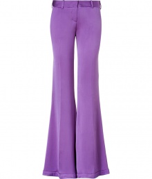 Stylish pants in fine purple silk - From the French luxury label Balmain - New, wide flared leg silhouette with figure-flattering creases - Crazy trendy and casual - A blockbuster basic for everyday - Pair with a beige tie blouse and pumps