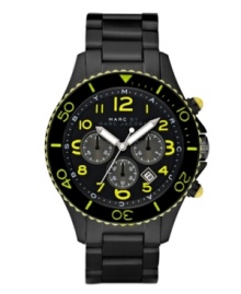 Black on black gets attitude from the addition of bright yellow accents by Marc by Marc Jacobs. Rock watch crafted of black ion-plated stainless steel bracelet and round case. Black turning bezel with yellow numerals. Black chronograph dial features yellow numerals at markers, outer logo ring, date window, three subdials and luminous hands. Quartz movement. Water resistant to 50 meters. Two-year limited warranty. Black on black gets attitude from the addition of bright yellow accents by Marc by Marc Jacobs. Rock watch crafted of black ion-plated stainless steel bracelet and round case. Black turning bezel with yellow numerals. Black chronograph dial features yellow numerals at markers, outer logo ring, date window, three subdials and luminous hands. Quartz movement. Water resistant to 50 meters. Two-year limited warranty.