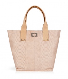 Chic handbag in fine, pure nude snake embossed leather - Practical tote style with two short, contrast beige handles - Open top and magnetic closure - Tonal topstitching, alloy hardware and logo plaque at center - Fully lined, with one zip and two open interior pockets - Height: 14 - Width: 15 - Diameter: 7 - Versatile and stylish, seamlessly transitions from work to weekend Chic handbag in fine, pure nude snake embossed leather - Practical tote style with two short, contrast beige handles - Open top and magnetic closure - Tonal topstitching, alloy hardware and logo plaque at center - Fully lined, with one zip and two open interior pockets - Height: 14 - Width: 15 - Diameter: 7 - Versatile and stylish, seamlessly transitions from work to weekend