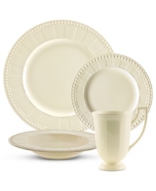 As sturdy as it is elegant, the Venice dinnerware set boasts traditional fluted and beaded accents in oven-to-table stoneware. Service for six with a soft vanilla glaze will complement virtually any setting. As sturdy as it is elegant, the Venice dinnerware set boasts traditional fluted and beaded accents in oven-to-table stoneware. Service for six with a soft vanilla glaze will complement virtually any setting.
