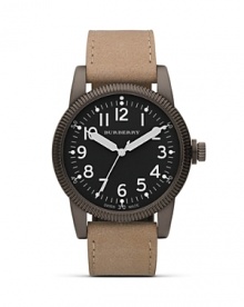Burberry's military-inspired round-faced watch boasts a classic British look with surplus quality, a fact that makes it a spot-on timepiece for urban adventures. Burberry's military-inspired round-faced watch boasts a classic British look with surplus quality, a fact that makes it a spot-on timepiece for urban adventures.