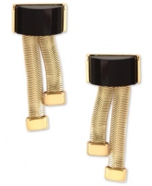 Standout with bold elegance from Anne Klein. These post earrings feature a double linear design and jet epoxy stones. Crafted in gold tone mixed metal. Approximate drop: 1 inch. Standout with bold elegance from Anne Klein. These post earrings feature a double linear design and jet epoxy stones. Crafted in gold tone mixed metal. Approximate drop: 1 inch.