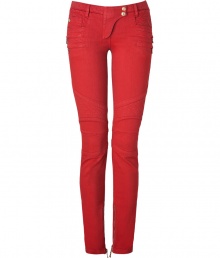 Rock n roll style goes ultra-luxe with these of-the-moment bright red skinny jeans from Balmain - Snap tab closure, belt loops, quilted panels at top, sides, knees, and back pockets, multiple side zip pockets, inside ankle zips - Skinny fit, biker-style - Wear with an oversized top, a cropped blazer, and platform heels