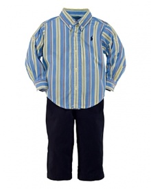 An adorably preppy set includes a multi-striped poplin roll-tab shirt, a chino pant and a classic grosgrain belt for a heritage-infused ensemble. An adorably preppy set includes a multi-striped poplin roll-tab shirt, a chino pant and a classic grosgrain belt for a heritage-infused ensemble.