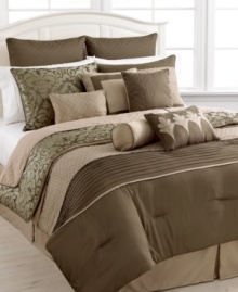 Update your space with this expansive Mykonos comforter set, featuring traditional flourish designs in an earthy brown and tan color scheme. Pleated and embroidered accents offer layers of texture while the set comes complete with a coverlet, shams and a pile of decorative pillows.