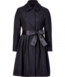 Top off your cocktail-ready style with this ladylike wool-blend swing coat from Jil Sander Navy boasting a chic satin bow belt - Spread collar, bracelet-length sleeves, concealed front placket, self-tie satin bow belt - Pleated full skirt silhouette - Pair with a slinky cocktail sheath and classic pumps