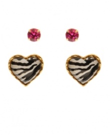 Earn your stripes. Zebra-print heart stud earrings are complemented by pretty pink crystal studs in Betsey Johnson's stylish set of earrings. Made in antique gold tone mixed metal, they come in a signature gift box. Approximate drop: 2/10 inch (crystal studs), 1/2 inch (heart studs). Earn your stripes. Zebra-print heart stud earrings are complemented by pretty pink crystal studs in Betsey Johnson's stylish set of earrings. Made in antique gold tone mixed metal, they come in a signature gift box. Approximate drop: 2/10 inch (crystal studs), 1/2 inch (heart studs).
