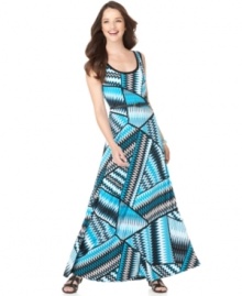 Bright and bold! Calvin Klein's belted maxi-length dress features a vibrant graphic print and a flattering fit.