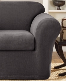 Fashionably modern with a subtle two-toned pattern, the Stretch Metro slipcover from Sure Fit makes updating furniture effortless! Its two-piece construction offers a separate seat cover for easy cleaning and a supreme fit that stays securely in place.