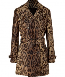 With a classic trench-inspired styling, this bold leopard printed coat from Paul & Joe imparts standout style to any look - Notched lapels, epaulets, long sleeves with belted cuffs, double-breasted, front button placket, belted waist, slit pockets, back vent, all-over leopard print - Style with a jeans-and-tee ensemble or a figure-hugging sheath dress