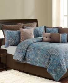An exotic paisley print brings elegance and intrigue to the Budapest decorator set, featuring soothing tones of blue and brown. Quilted European shams, a soft coverlet and a plethora of decorative pillows embellish the look with plush polish. (Clearance) An exotic paisley print brings elegance and intrigue to the Budapest decorator set, featuring soothing tones of blue and brown. Quilted European shams, a soft coverlet and a plethora of decorative pillows embellish the look with plush polish. (Clearance)
