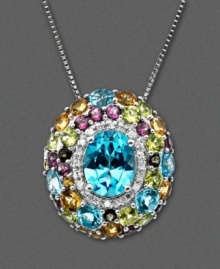 You will feel bold and vivacious every time you put on Town & Country's colorful pendant. Necklace features amethyst (1-5/8 ct. t.w.), blue topaz (1/5 ct. t.w.), citrine (1/8 ct. t.w.), and smokey quartz with rhodolite garnet and peridot accents. Set in sterling silver. Approximate length: 18 inches. Approximate drop: 1/2 inch. You will feel bold and vivacious every time you put on Town & Country's colorful pendant. Necklace features amethyst (1-5/8 ct. t.w.), blue topaz (1/5 ct. t.w.), citrine (1/8 ct. t.w.), and smokey quartz with rhodolite garnet and peridot accents. Set in sterling silver. Approximate length: 18 inches. Approximate drop: 1/2 inch.