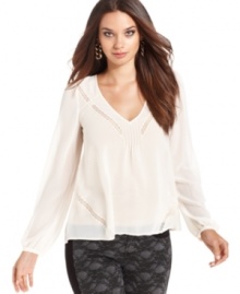 Sheer lace trim adds a hint of sexiness to this GUESS blouse -- perfect for understated chic!