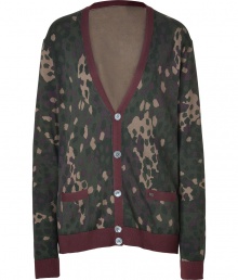 Work a cool edge into your contemporary knitwear collection with Marc by Marc Jacobs cotton camo cardigan - V-neckline, long sleeves, button-down front, front patch pockets, solid brown trim - Modern slim fit - Wear with jeans, sneakers, and a button-down