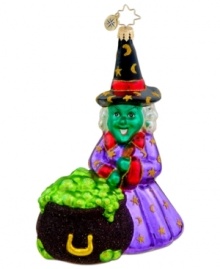 Totally spellbinding, Christopher Radko's handcrafted Hocus Pocus ornament is a treat for Halloween homes. A wicked witch stirs a mysterious brew that boils over a giant black cauldron.