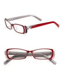 THE LOOKPlastic two-tone framesRectangle shapeAustrian stone details on temples and tipsTHE COLORRed and translucent grey frames with clear lensesORIGINImported THE LOOKPlastic two-tone framesRectangle shapeAustrian stone details on temples and tipsTHE COLORRed and translucent grey frames with clear lensesORIGINImported