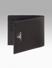 Nylon billfold with leather trim and signature triangle enamel logo. Double billfold w/eight credit card slots 4½W X 3¾H Made in Italy Nylon billfold with leather trim and signature triangle enamel logo. Double billfold w/eight credit card slots 4½W X 3¾H Made in Italy