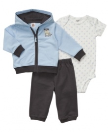Put his print on comfy, casual style with this fun 3-piece bodysuit, jacket and pant set from Carter's. Put his print on comfy, casual style with this fun 3-piece bodysuit, jacket and pant set from Carter's.