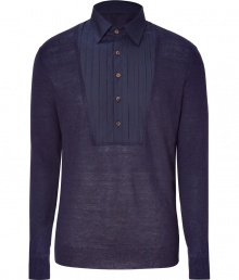 Luxurious, long sleeved navy sweater made of soft, sustainable hemp fiber - Eco-friendly hemp is not only fashionable but durable so it holds its shape after years of wear - Sweater features shirt collar and half placket with contrasting buttons - Large weave knit - Style with dark jeans and boots or with chinos for a relaxed office look Luxurious, long sleeved navy sweater made of soft, sustainable hemp fiber - Eco-friendly hemp is not only fashionable but durable so it holds its shape after years of wear - Sweater features shirt collar and half placket with contrasting buttons - Large weave knit - Style with dark jeans and boots or with chinos for a relaxed office look