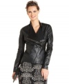 Alfani's petite faux leather jacket features edgy-chic details, like a moto silhouette and asymmetrical zipper closure.