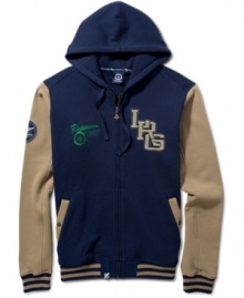 Collegiate-inspired and ready for the varsity track, LRG's zip-up hoodie will add some serious style points to your casual wardrobe. Collegiate-inspired and ready for the varsity track, LRG's zip-up hoodie will add some serious style points to your casual wardrobe.