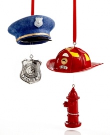 Tip your hat. A hydrant dangles from a fireman's helmet and a badge pairs with a police hat in ornaments that celebrate everyday heroes.