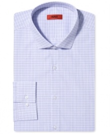 A light checkered print and a flattering slim fit give this Hugo Boss dress shirt its handsome style. A light checkered print and a flattering slim fit give this Hugo Boss dress shirt its handsome style.