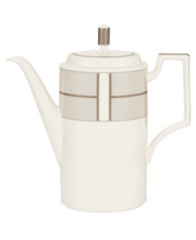 Metallic bronze lines meet and curve to create a sleek geometric pattern on this glossy coffee server from Noritake's collection of serveware. Platinum bands and an angled handle get everyone hooked on the sophisticated design, crafted in durable bone china for fine dining or everyday use. Metallic bronze lines meet and curve to create a sleek geometric pattern on this glossy coffee server from Noritake's collection of serveware. Platinum bands and an angled handle get everyone hooked on the sophisticated design, crafted in durable bone china for fine dining or everyday use.