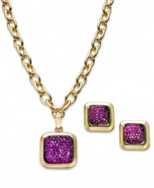 Stylish squares stand out in this pendant necklace and stud earrings set from Charter Club. Crafted from gold-tone mixed metal, the pieces pop with purple stones in the center. Items come packaged in a signature Charter Club box. Approximate length, necklace: 16 inches + 3-inch extender. Approximate drop: 1 inch. Approximate drop, earrings: 1/2 inch. Stylish squares stand out in this pendant necklace and stud earrings set from Charter Club. Crafted from gold-tone mixed metal, the pieces pop with purple stones in the center. Items come packaged in a signature Charter Club box. Approximate length, necklace: 16 inches + 3-inch extender. Approximate drop: 1 inch. Approximate drop, earrings: 1/2 inch.