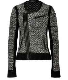 Biker-inspired cardigan from Rag & Bone in gray wool mix - Features a delicate zigzag pattern, leather-trimmed scoop neck, asymmetrical leather-trimmed zipper placket, zip pockets and black knit cuffs - Slim, waisted silhouette including long, fitted sleeves - Style with a pencil skirt and heels for the office, or with slim cropped pants and flat boots for a relaxed, polished looked,