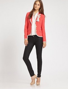 Military-chic gets a feminine update in ths cropped qool blazer with contrast piping and oversized tassel detail.Notch collarLong sleevesTwo-button closureWelt pocketsFlap pocketsAbout 23 from shoulder to hemWoolDry cleanMade in USAModel shown is 5'10 (177cm) wearing US size 4. Military-chic gets a feminine update in ths cropped qool blazer with contrast piping and oversized tassel detail.Notch collarLong sleevesTwo-button closureWelt pocketsFlap pocketsAbout 23 from shoulder to hemWoolDry cleanMade in USAModel shown is 5'10 (177cm) wearing US size 4.