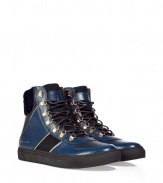 Add some edge to your shoe closet with these high-tops - Designed by Marc Jacobs - Blue leather and black stripe panels with white piping and faux-fur collar - Artsy mix of sneaker and boot with large metallic eyelets and thick leather laces - Wear with favorite denim, cool tee and a blazer