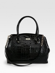 A glossy style in patent crocodile embossed leather with a versatile detachable strap.Double top handles, 6½ dropDetachable chain and patent crocodile embossed leather shoulder strap, 12½ dropMagnetic snap closureOne zip and two open inner compartmentsOne inside zip pocketTwo inside open pocketsFully lined13W X 9H X 7DImported A glossy style in patent crocodile embossed leather with a versatile detachable strap.Double top handles, 6½ dropDetachable chain and patent crocodile embossed leather shoulder strap, 12½ dropMagnetic snap closureOne zip and two open inner compartmentsOne inside zip pocketTwo inside open pocketsFully lined13W X 9H X 7DImported