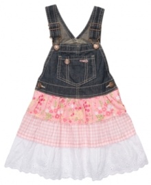 Add some pop with patterns! This overall dress from Osh Kosh gets an update with a tiered, patterned skirt and eyelet detailing for that extra special touch. Add some pop with patterns! This overall dress from Osh Kosh gets an update with a tiered, patterned skirt and eyelet detailing for that extra special touch.