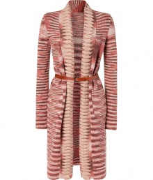 Chilly days call for chic knitwear, and Missonis soft rosewood cardigan coat is an ultra luxe choice, perfectly weighted for both indoors and out - Shawl collar, open front, long sleeves, contrast knit trim, separate chestnut leather belt - Long straight fit, falls to the calf, tailored at the waist with a belt - Wear with tissue tees and jeans, or with form-fitting sheaths and elegant knee-high boots Chilly days call for chic knitwear, and Missonis soft rosewood cardigan coat is an ultra luxe choice, perfectly weighted for both indoors and out - Shawl collar, open front, long sleeves, contrast knit trim, separate chestnut leather belt - Long straight fit, falls to the calf, tailored at the waist with a belt - Wear with tissue tees and jeans, or with form-fitting sheaths and elegant knee-high boots