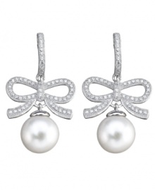 A ladylike look. Freshwater pearls (10 mm), sparkling cubic zirconias (1-3/4 ct. t.w.) and a dainty bow all add feminine flair to CRISLU's delicate drop earrings. Made in platinum over sterling silver. Approximate drop: 1-1/4 inches.