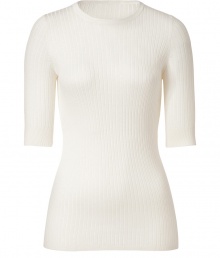 Stylish pullover in fine, cream rayon, nylon and cashmere blend - Soft, lightweight knit features elegant, all-over ribbing - On-trend, elbow-length sleeves and classic crew neck - Fitted silhouette is long and lean, tapers at waist - Polished and versatile, seamlessly transitions from work to weekend - Pair with suit trousers, pencil skirts, skinny denim or slim chinos