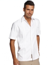 Get a crisp, cool style that blends in on the beach or at the cafes with this panel shirt from Cubavera.