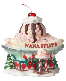 With a cherry on top. Nana Split's Ice Cream Parlor is home to a sundae that Santa holder dearer than even milk and cookies. Peppermint columns raise a roof of decadent sweets, all in colorful glazed porcelain from Department 56.