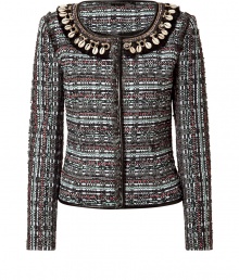 Luxurious jacket made ​.​.of a synthetic blend of patterned tweed - Embroidered crew neck collar with shell-adored necklace and piped seams - Slim, waisted and short cut with long, tailored arms - Extremely elegant, it is a favorite choice for the office when paired with a pencil skirt, cropped or suit pants - Try with chic pumps or peep toe heels