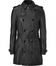 With its ultra soft black lambskin and iconic classic styling, Burberry Brits timeless trench has never felt so luxurious - Small spread collar, epaulettes, long sleeves with belted cuffs, double-breasted front button placket, belted waistline - Tailored silhouette - Pair with urban-cool knitwear and sharply tailored trousers With its ultra soft black lambskin and iconic classic styling, Burberry Brits timeless trench has never felt so luxurious - Small spread collar, epaulettes, long sleeves with belted cuffs, double-breasted front button placket, belted waistline - Tailored silhouette - Pair with urban-cool knitwear and sharply tailored trousers