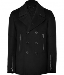 Sophisticated with a downtown edge, this wool-cashmere pea coat from British heritage brand Belstaff gets toughened up with a zipper-laden motorcycle styling - Spread collar, double-breasted with button front placket, long sleeves with exposed zip cuffs, exposed zip pockets, moto-styled seaming at arms, belted back waist with adjustable buttons - Slim fit - Style with jeans or slim trousers, a long sleeve henley, and motorcycle boots Sophisticated with a downtown edge, this wool-cashmere pea coat from British heritage brand Belstaff gets toughened up with a zipper-laden motorcycle styling - Spread collar, double-breasted with button front placket, long sleeves with exposed zip cuffs, exposed zip pockets, moto-styled seaming at arms, belted back waist with adjustable buttons - Slim fit - Style with jeans or slim trousers, a long sleeve henley, and motorcycle boots