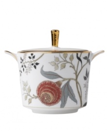 A tapestry of exotic florals, the Pashmina sugar bowl from Wedgwood offers a look of vintage grandeur and, in dishwasher-safe bone china, modern-day durability. With gold banding and accents on lid.
